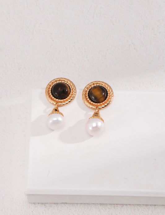 Gold Plated Sterling Silver Tigers Eye Pearl Earrings